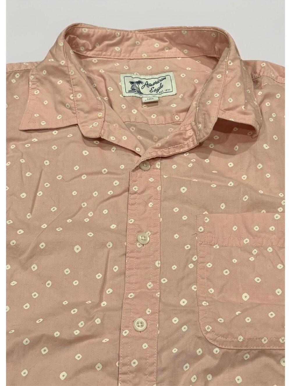 American Eagle‎ Shirt Mens Large Pink Polka Dot Short Sleeve Button Up Pocket